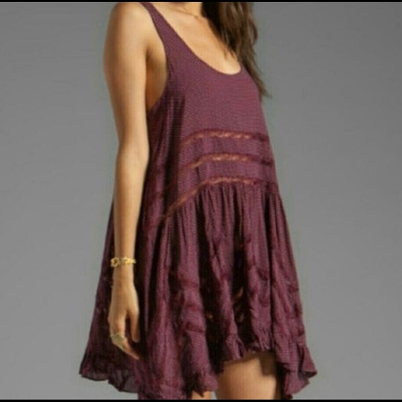 Free People Voile & Lace Maroon with Black Polka Dot Trapeze Dress - Picture 5 of 12